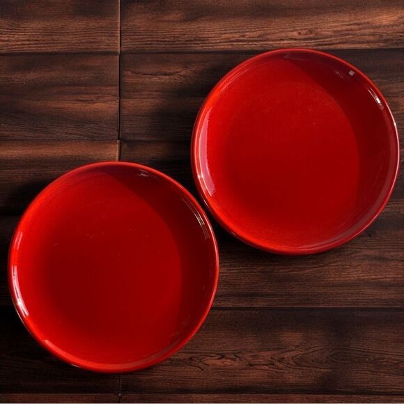 Vintage Bright Red Speckled Glaze 10” Stoneware Couple Dinner Plates - Picture 10 of 16